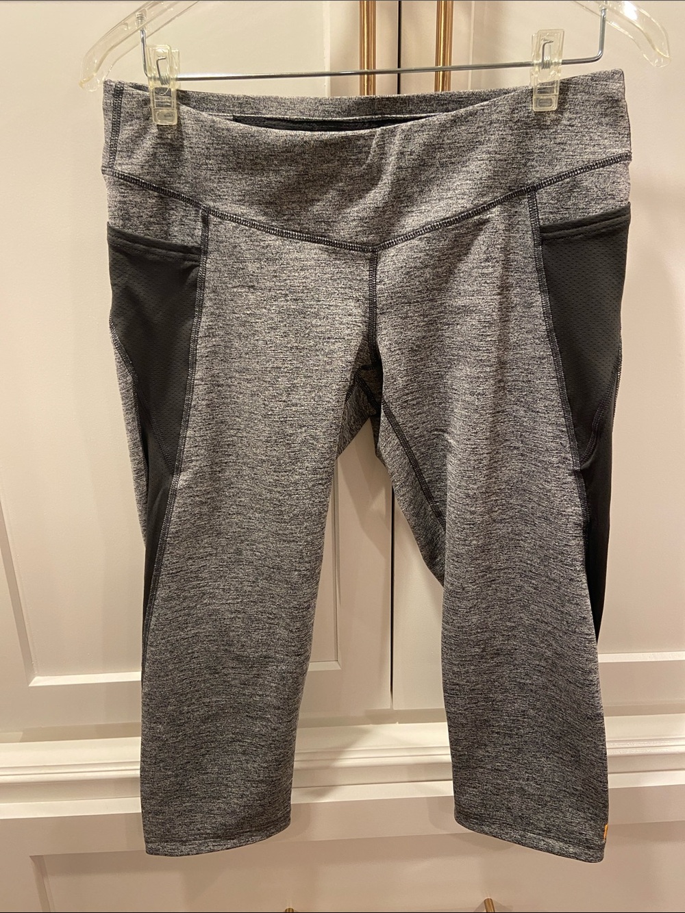 Lucy Gray Heather Capri Leggings with Black Mesh Panels